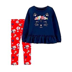 6M Carter's Carters Infant Girls Red Blue Kitty Cat Baby Outfit Pants‎ Shirt Set
